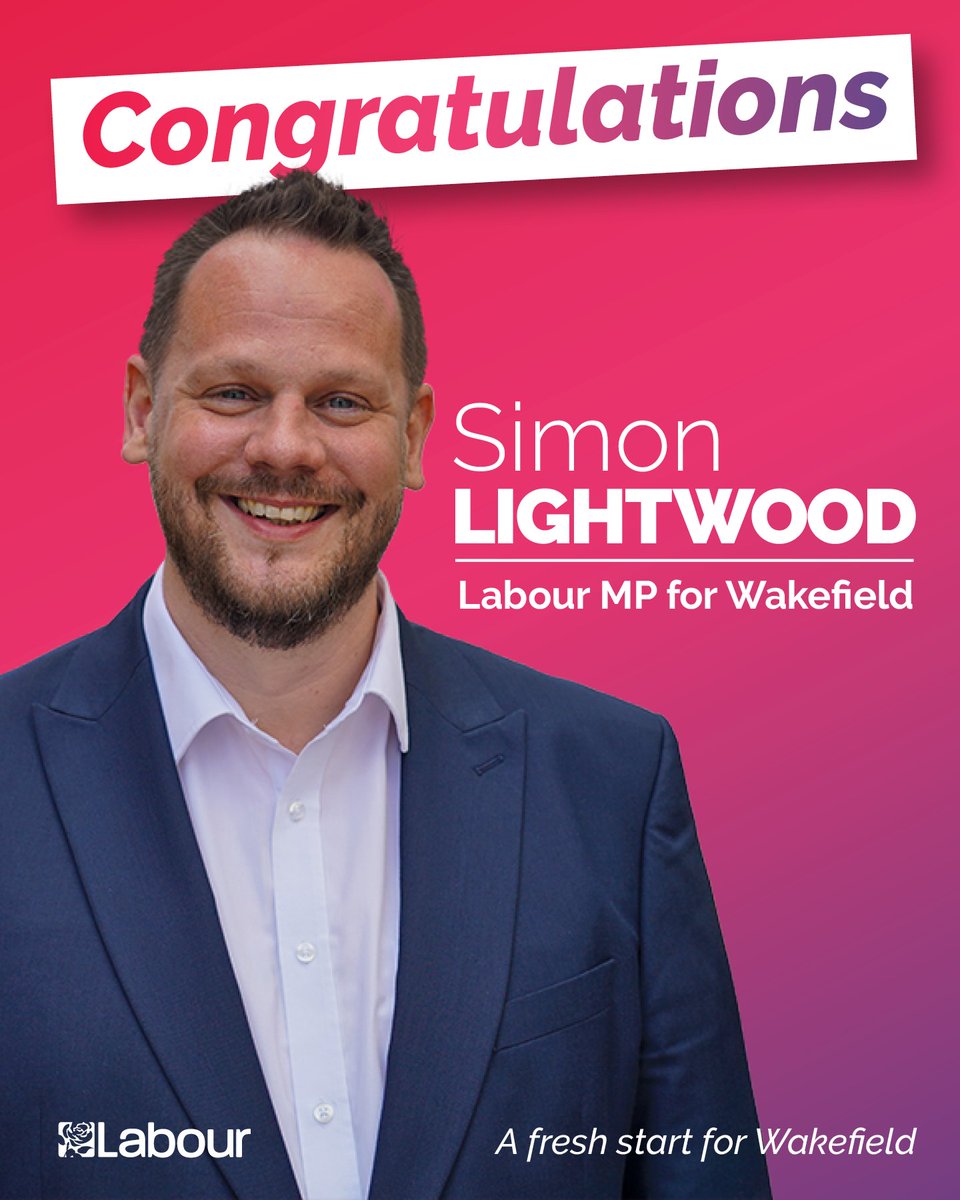 Congratulations to @simonlightwood! The new Labour MP for Wakefield. 🌹