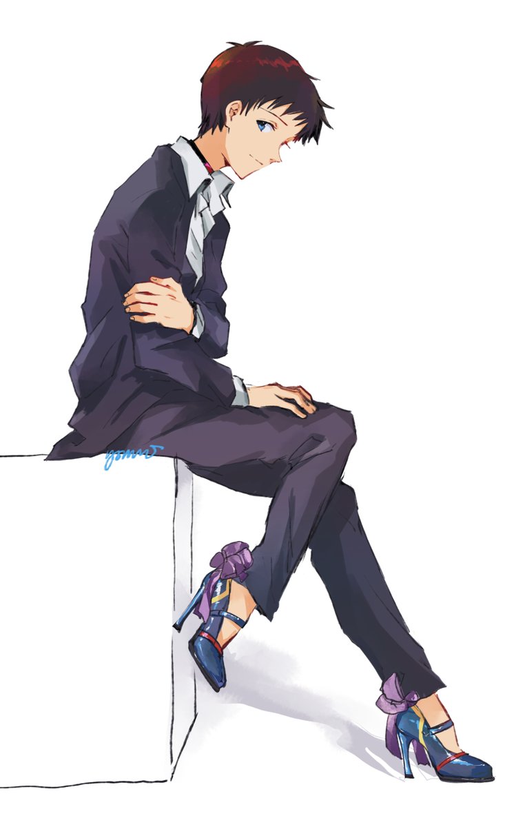 ikari shinji solo 1boy male focus sitting shirt high heels brown hair  illustration images