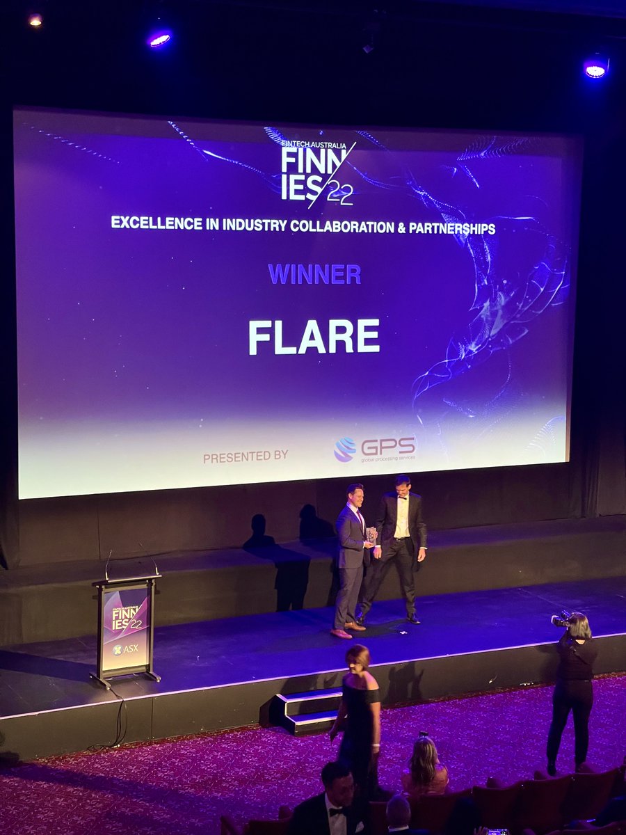 Thrilled to win the <a href="/ausfintech/">FinTech Australia</a> #Finnies2022 award for Collaboration &amp; Partnerships! Our Head of Strategy <a href="/HarryGodber/">Harry Godber</a> and VP Revenue Andy Anderson shared the moment with @stevepriceau of <a href="/MYOB/">MYOB</a>—with whom we proudly partner to give over 100,000 SMEs access to world-class benefits.