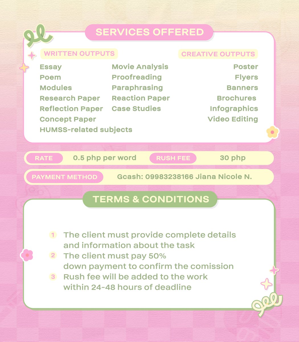 jianacadcomms's tweet image. Need help with your academic workload! I am here to assist and help you! 

I am jian and a recent acad helper this 2022

looking for clients; acad services are now open with budget friendly prices.

dm me if interested to avail commissions