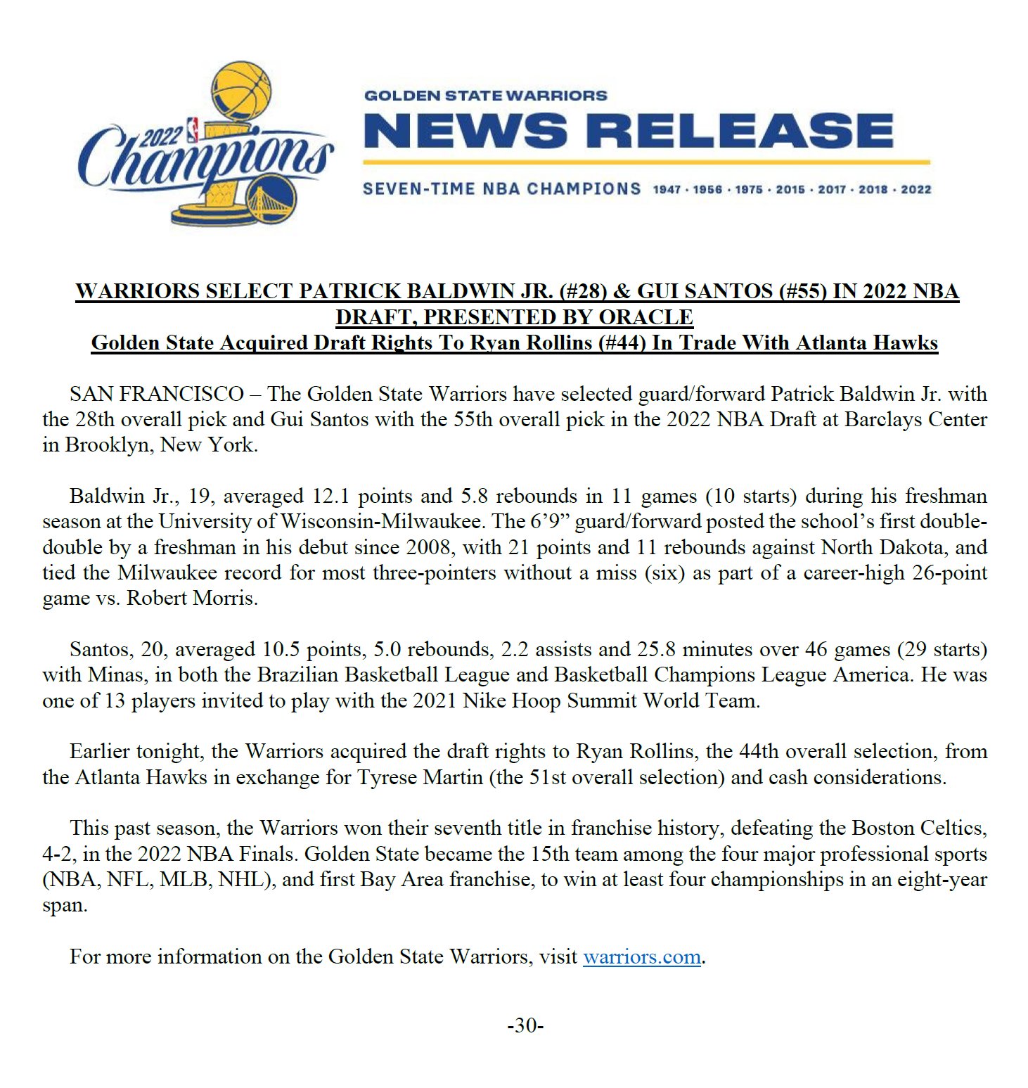 Golden State Warriors Select Patrick Baldwin Jr. in 2022 NBA Draft
