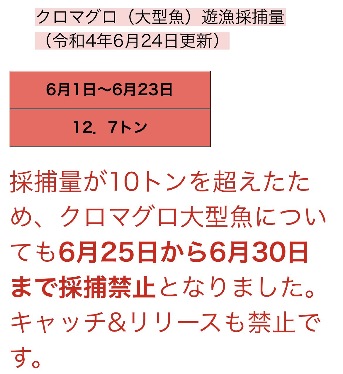 公式 一般社団法人日本スポーツフィッシング協会 クロマグロ遊漁禁止のお知らせ 6月10トンの枠を大きく超過しました 明日6月25日より6月30日まで正式に禁止となります キャッチアンドリリースも不可です 7月1日に自動解禁されます しかしながら全体の