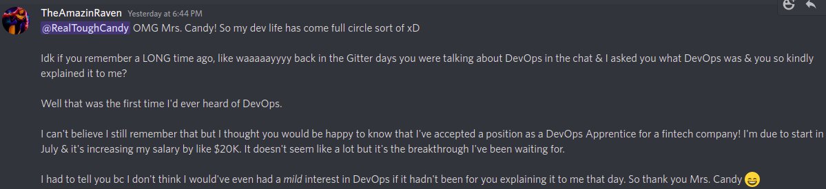 Shoutout to TheAmazinRaven from our Discord community! She's getting that DevOps money starting next month!