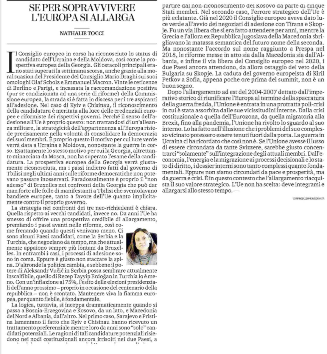 Perché l’Europa deve allargarsi e integrarsi contemporaneamente. Un giorno storico per l’Ucraina e la Moldova, un passo falso sui Balcani occidentali. Stamane su <a href="/LaStampa/">La Stampa</a>