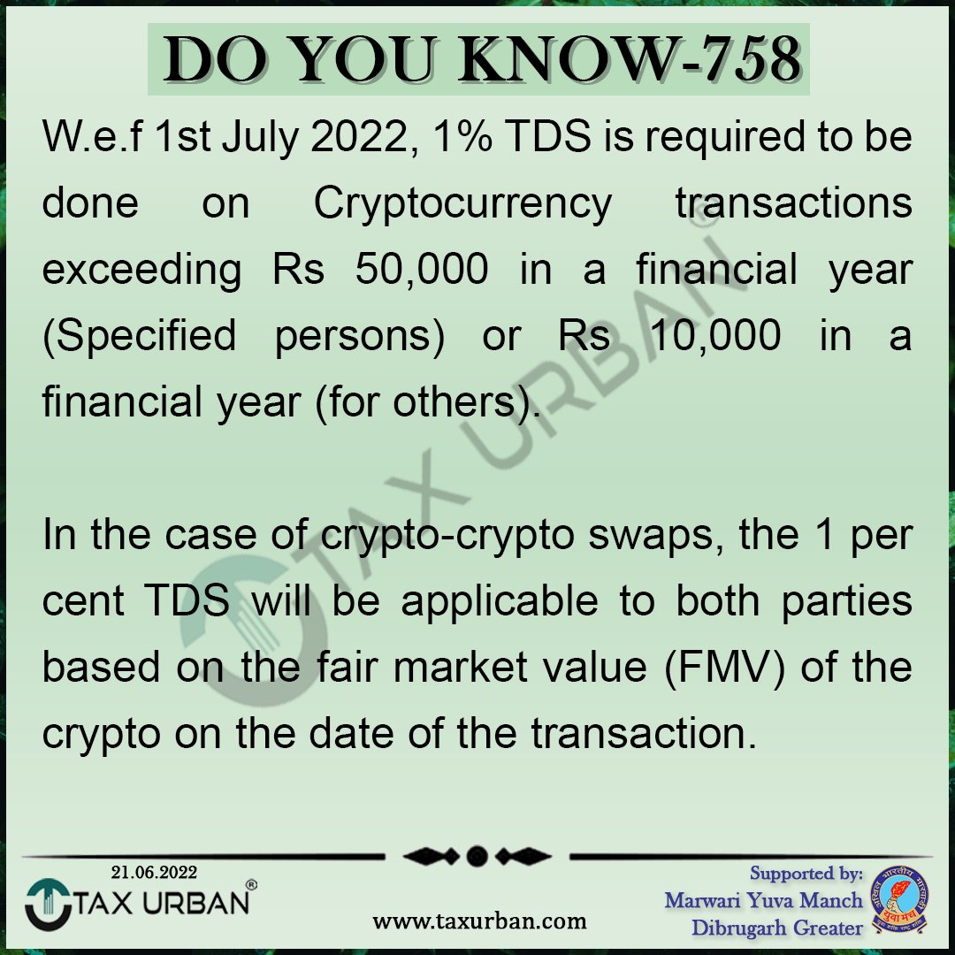 TaxUrban20's tweet photo. 𝗗𝗢 𝗬𝗢𝗨 𝗞𝗡𝗢𝗪 - 𝟳𝟱𝟴
Do you know about the TDS is required to be done on Cryptocurrency?
#taxurban
#taxconsultant #taxprep #cryptocurrencyinvestment #cryptocurrency #cryptocurrencys #cryptocurrencytrade #newcryptocurrency #tds #tds2022 #tdscofrade #tdsteam #cryp https://t.co/ADCRBcG5NW