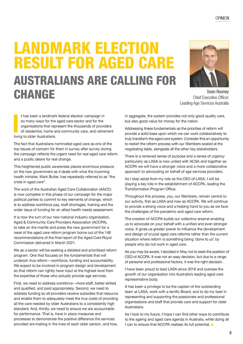 In his latest piece for #FusionMagazine, @CEO_LASA Sean Rooney explains why the federal election was a landmark election result for #agedcare, and how greater public awareness of issues within the sector made a big difference. issuu.com/adbourne/docs/… #strongertogether #auspol