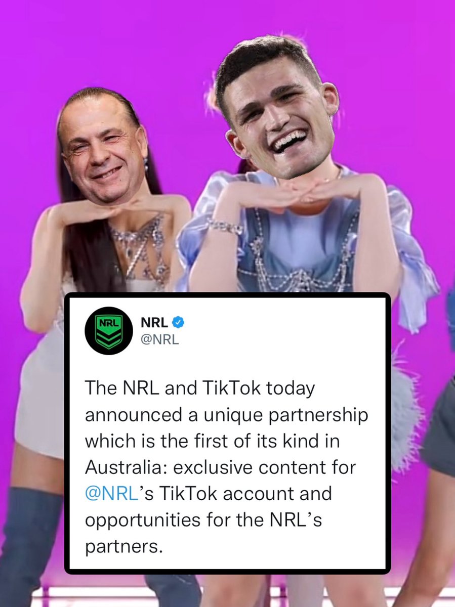 thecastpatrol's tweet photo. 👯♀️ MASSIVE BREAKING NEWS! 👯♀️
Nathan Cleary is set to be the face of the new partnership between the @nrl and @tiktok 🕺🔥
#NRL #tiktok #nathancleary #cleary #dance #nrl22 #tok #partnership #funny #humour #nrlmemes #NSWBlues #repround #nrlrepround https://t.co/rMUJVMAA0a