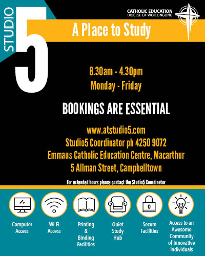 📣YR 10, 11 &amp; 12 STUDENTS!📣 Do you need a quiet place to study or print your study notes? 

Studio5 is open for afternoon &amp; school holiday study.

🕐8:30am - 4:30pm
📆Mon - Fri
🌏Studio5 (Emmaus Centre), 5 Allman St Campbelltown

BOOKINGS ESSENTIAL! Visit atstudio5.com