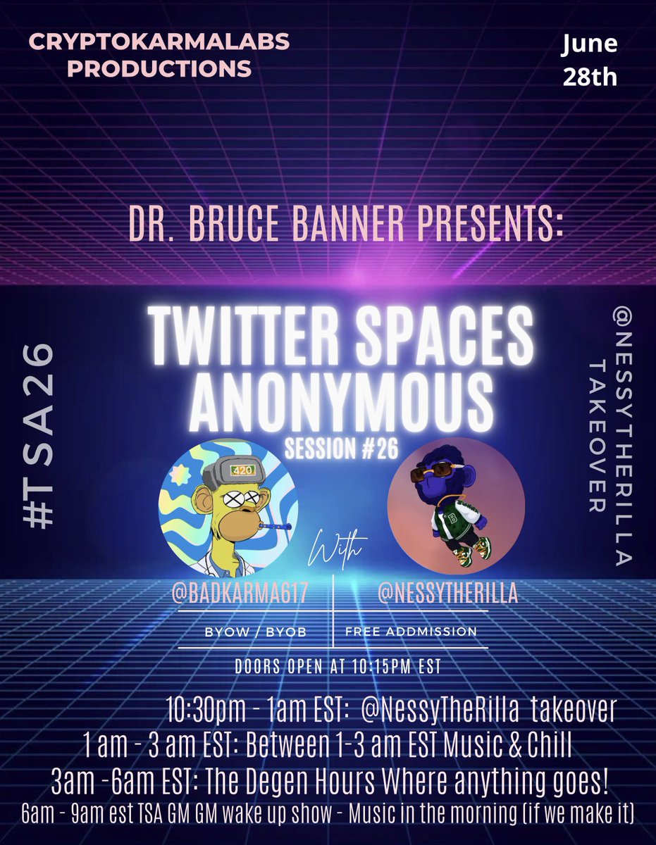 badkarma617's tweet photo. Save the dates Ladies & Degens #TSA26 Enter the @NessyTheRilla TakeOver! A musical showcase. Yโall know how we do it we like to give them flowers ๐ why yโall here! Join us this Tuesday for another session of #TwitterSpacesAnonymous
๐๐ป https://t.co/tv8W3bIFCi ๐๐ป set your reminder https://t.co/1bc0Hs1NxT