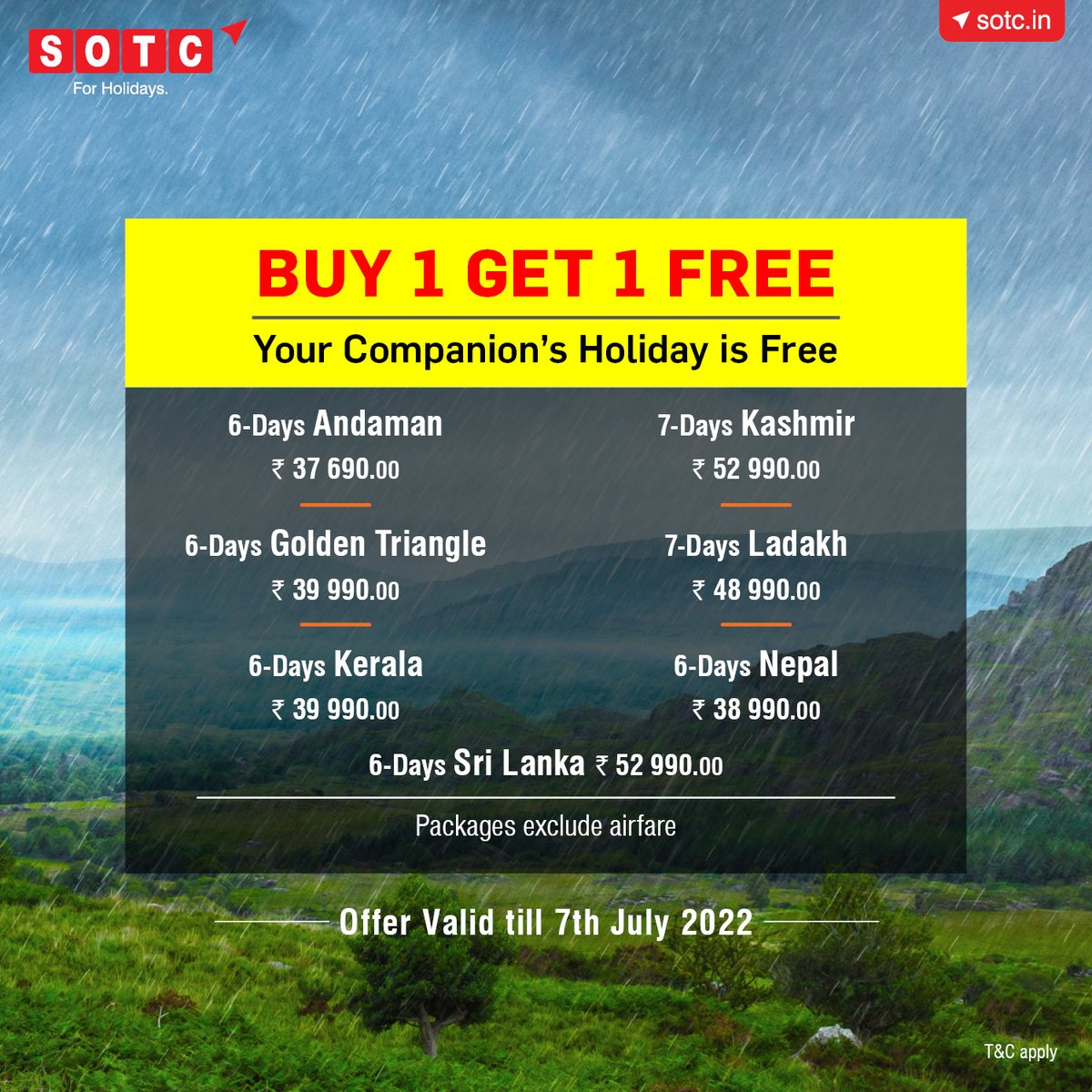 SOTCTravel's tweet photo. Monsoon calls for a holiday!
Get off season rates, easy visa and buy 1 get 1 free on select holiday destinations.
DM us to know more.
#theworldisopen #monsoonholidays #bogo #travelwithsotc #sotcholidays #travelsafe #travel2022 #holidayagain #holiday #sotc https://t.co/BiurNydErh