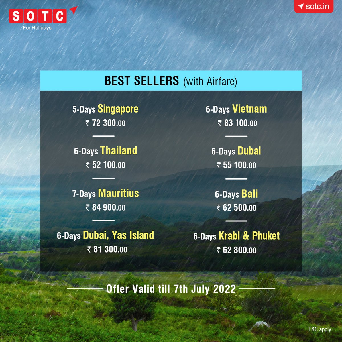 SOTCTravel's tweet photo. Monsoon calls for a holiday!
Get off season rates, easy visa and buy 1 get 1 free on select holiday destinations.
DM us to know more.
#theworldisopen #monsoonholidays #bogo #travelwithsotc #sotcholidays #travelsafe #travel2022 #holidayagain #holiday #sotc https://t.co/BiurNydErh