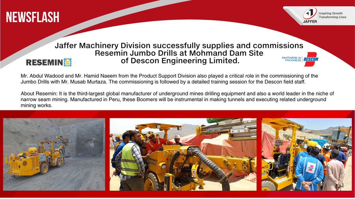 JafferGroup's tweet photo. Jaffer Machinery Division successfully supplies and commissions Resemin Jumbo Drills at Mohmand Dam Site of Descon Engineering Limited.
#jaffermachinery #Resemin #desconengineering #MohmandDam #jaffergroup https://t.co/ymvURlPonS