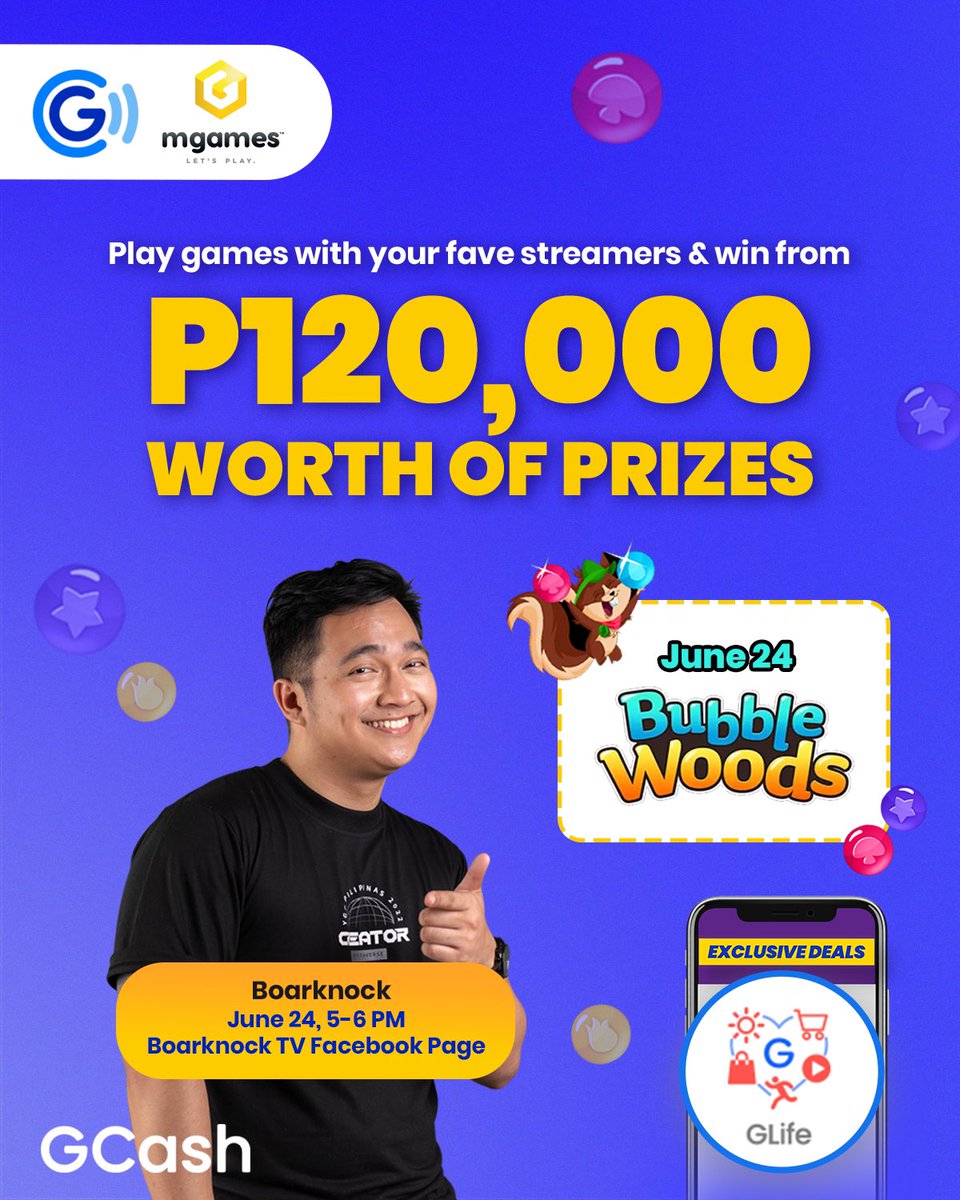 gcashofficial's tweet photo. Looking for the ultimate mgamer experience? Play Bubble Woods and win from P120,000 worth of prizes! 🤩
This June 24, catch Boarknock on Boarknock TV from 5-6 pm! To play, open the GCash app > tap GLife > select Goama Games. #LifeIsGPaRin
No GCash yet? Download the app now! https://t.co/689lmBIpb9