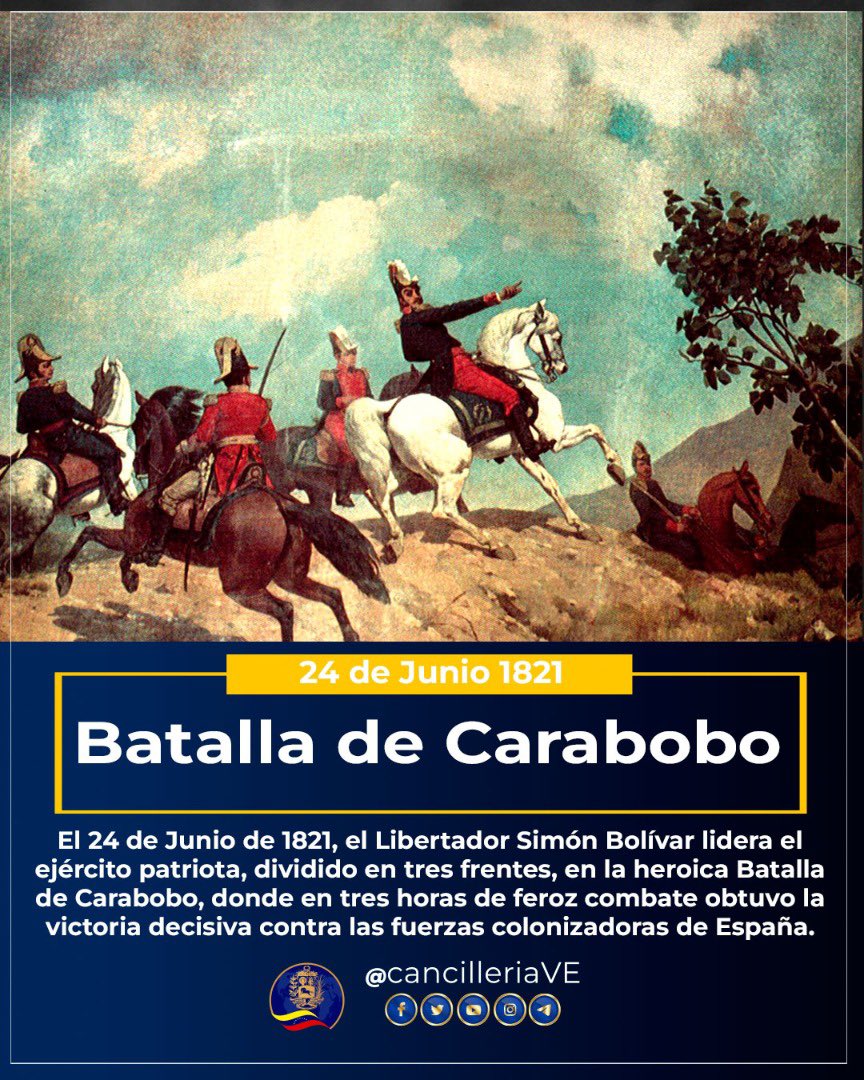 #Venezuela celebrates today the 201 Anniversary of the heroic Battle of #Carabobo, lead by the Liberator Simon Bolivar, which set the final way to the full independence of the country. @CancilleriaVE <a href="/dagasre/">Daniel Gasparri Rey</a>