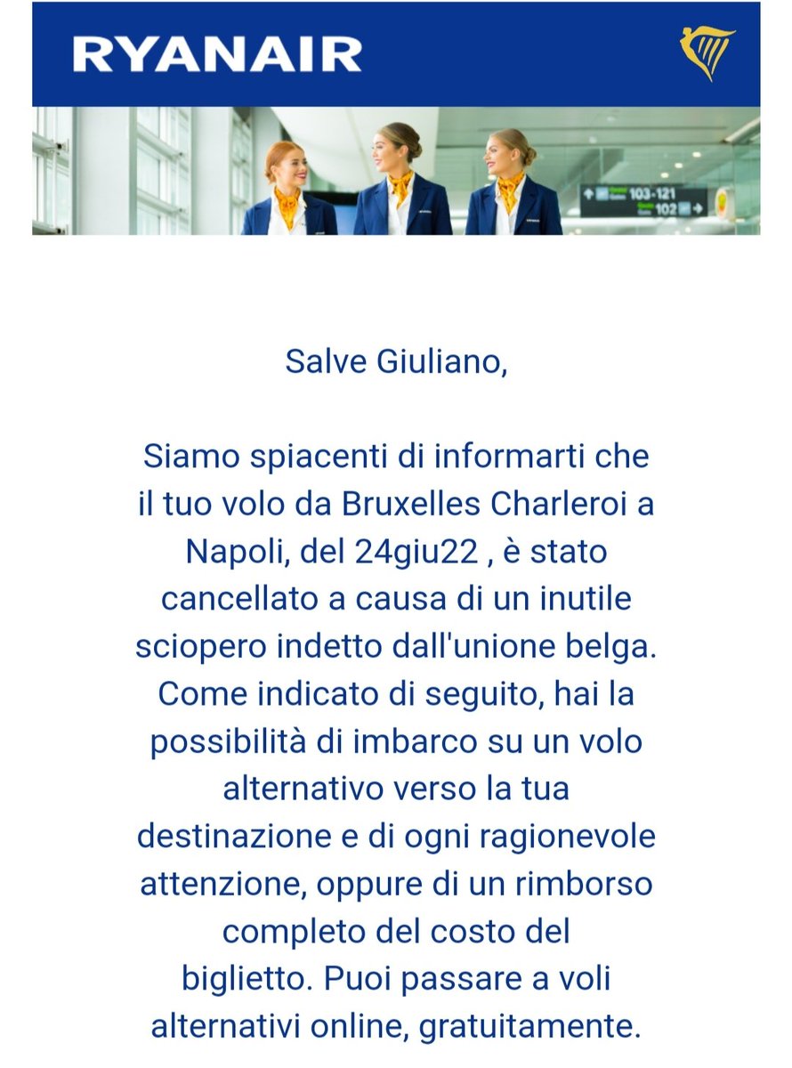 Cara <a href="/Ryanair/">Ryanair</a>,
Se aveste pagato giusti salari e rispettato il tempo di vita dei dipendenti, oggi il mio volo non sarebbe stato cancellato perché non ci sarebbe stato alcuno sciopero.

Non cadrò nella vostra trappola, non punterò il dito contro chi sciopera.
Sono con loro!