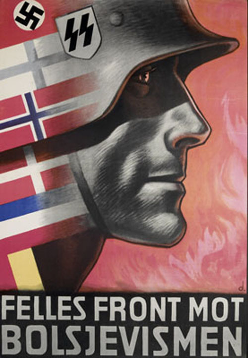 DailyPr0paganda's tweet photo. Norwegian SS Recruitment poster. 'United front against bolshevism'. 1943. Waffen-SS. SS-Freiwilligen-Panzer-Grenadier-Division 'Nordland' #propagandaposters https://t.co/9khZgq28SO