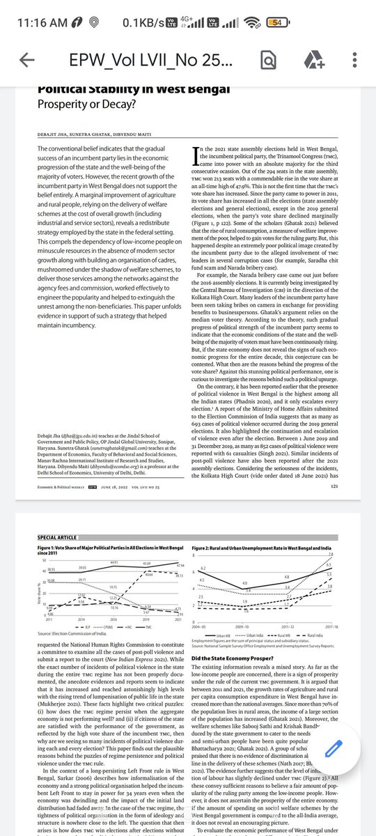 jhadebajit's tweet photo. In this article in #EPW, we provided a #politicaleconomy explanation of slow #economicgrowth, high degree of #politicalviolence and #politicalstability in #westbengal  for last ten years. Co-author: Dr. Sunetra Ghatak of #MRIIRS and Prof. Dibyendu Maiti of #delhischoolofeconomics https://t.co/M6BN5v0Djp