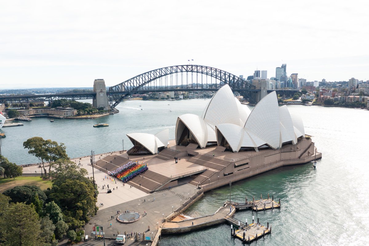 SydWorldPride's tweet photo. On this day we mark the 44th anniversary of the first @sydneymardigras ❤️ 1000 Sydneysiders joined together in a human Progress Flag to welcome the world to Sydney for WorldPride 2023! 🌈

📸 Daniel Boud
🚁 Getty Images

#SydneyWorldPride2023 #WorldPride #FeelNewSydney #Sydney https://t.co/31iZlKnjMp