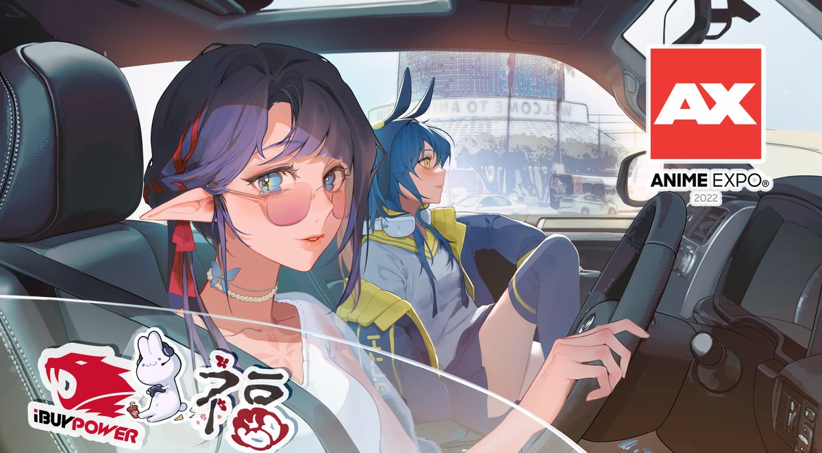 multiple girls 2girls pointy ears car interior sunglasses jacket blue hair  illustration images