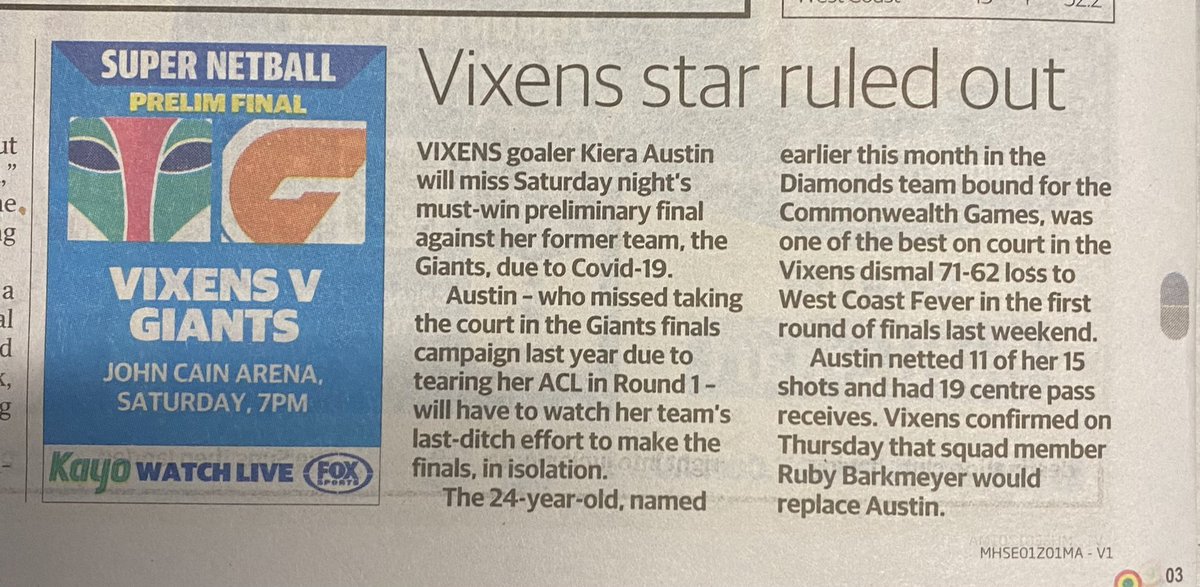 mina11lamb's tweet photo. @MelbourneVixens Into @SuperNetball prelim final &amp; star GA @kieraaustin26 for @NetballAust &amp; Vixens is out with Covid and leading Melb sports paper @heraldsunsport prints this! #hugenews #smallarticle #shame https://t.co/pYzK6PtCef