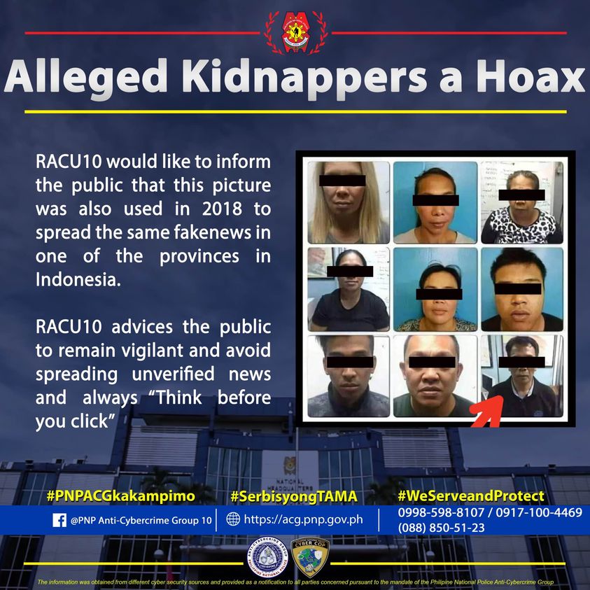 cordsrx's tweet photo. FAKE NEWS! Giklaro sa otoridad nga dili tinood ang impormasyong daw kidnapper ang mga indibidwal sa maong litrato. 

#CORDSX
#CyberkatropaTIPS
#RACU10WeShareBcozWeCare https://t.co/hnwqysuRAP