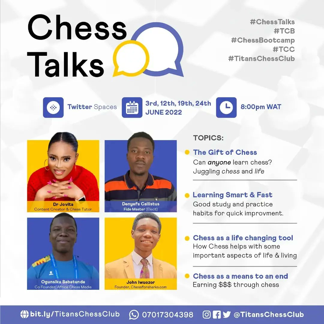 titanschessclub's tweet photo. Everyone wants to make money but surprisingly not everyone knows how to!
But what if I told you your passion, that chess game many look down on could create some cool income $$ for you! Cool yeah?
Join us in #ChessTalks tonight, set a reminder here 👇
https://t.co/ayBnPp4cP2 https://t.co/qws0Kj6Kv0