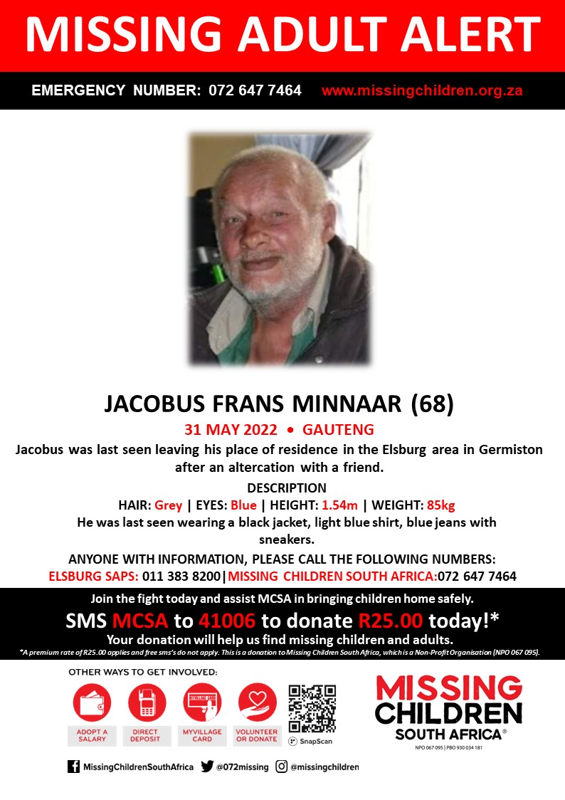 072MISSING's tweet photo. #MCSAMissing 

Jacobus Frans Minnaar (68) was last seen 31 May 2022

If you personally, or your company | or your place of work, would like to make a donation to #MCSA, please click here to donate: https://t.co/cjFxxi4knV https://t.co/PHPO3y2oEM