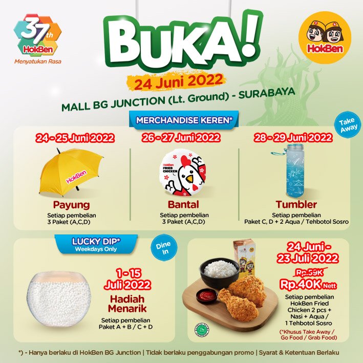 HokBen's tweet photo. Arek Suroboyo, satu lagi store HokBen buka dekat kamu!!!
Lokasine ning BG Junction Lt.Ground, Jl Bubutan, Kota Surabaya.
Moro saiki yok. Akeh promo-promo sing ciamik lho rek.
Tak enteni saiki!!!
#HokBenBaru #Openingstore #HokBenBGJunction #HokBenSurabaya #Japanesefood #Halal https://t.co/bpmqkQokSG