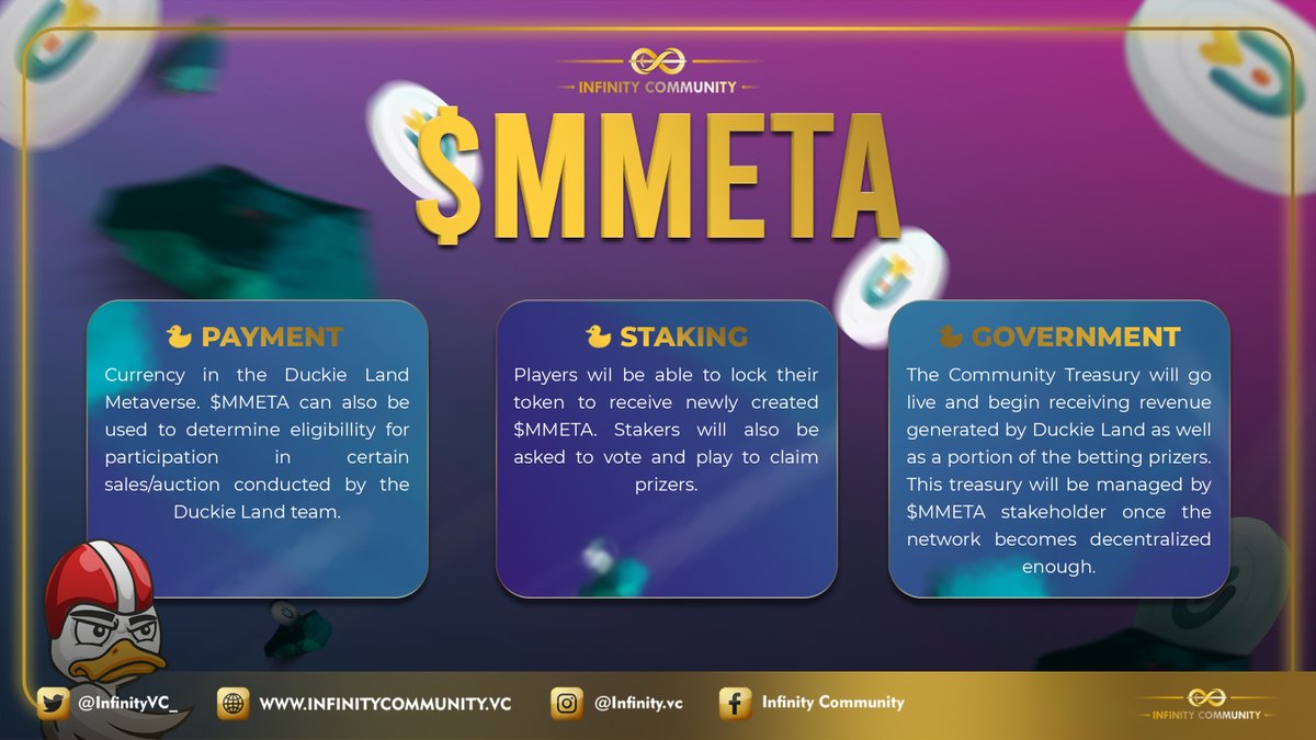 InfinityVC_'s tweet photo. Hello #InfinityGang!
$MMETA is a #BEP20 governance token for the #DuckieLand community. This token holders will shape the future of the Duckie universe... 🤩🤩

more information please read our whitepaper 👉 https://t.co/1egiqSv0VZ

#Play2Earn #Metaverse #nft #BSC #InfinityNews https://t.co/Hb1XQ5k7Ym