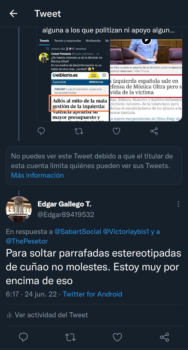 Edgar89419532's tweet photo. @SabartSocial @Victoriaybis1 @ThePesetor Me ha bloqueado, el acomplejado 🤷🏻‍♂️

No solo habla en base a estereotipos si no que, además, es de los cuñaos que bloquean al interlocutor para poder contestar sin miedo a la réplica

Y que haya gente que no sepan reconocer a los vendehumos con complejos intelectuales como este... https://t.co/8YMxEecmoF