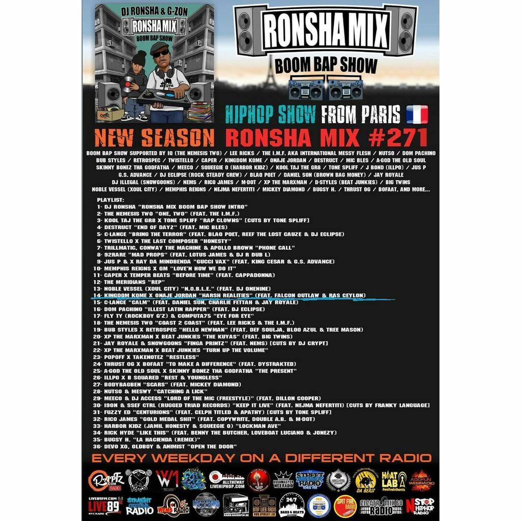 KingdomKome's tweet photo. 🇫🇷🔊 Tune in to my famiLLy in #Paris 🇫🇷🔊
✨ @lameutehiphop &amp; G-Zon ✨
On the #RonshaMix #BoomBapMix
Blasting nothing but that fire 🔥🔊
my bros ALWAYS showing love and supporting! 👊🏽
.
“Harsh Realities” @kingdomkome x @onajejordanbeats 
Feat. @falcono… https://t.co/tkF0MA5cDn https://t.co/c9MDlHrsbi
