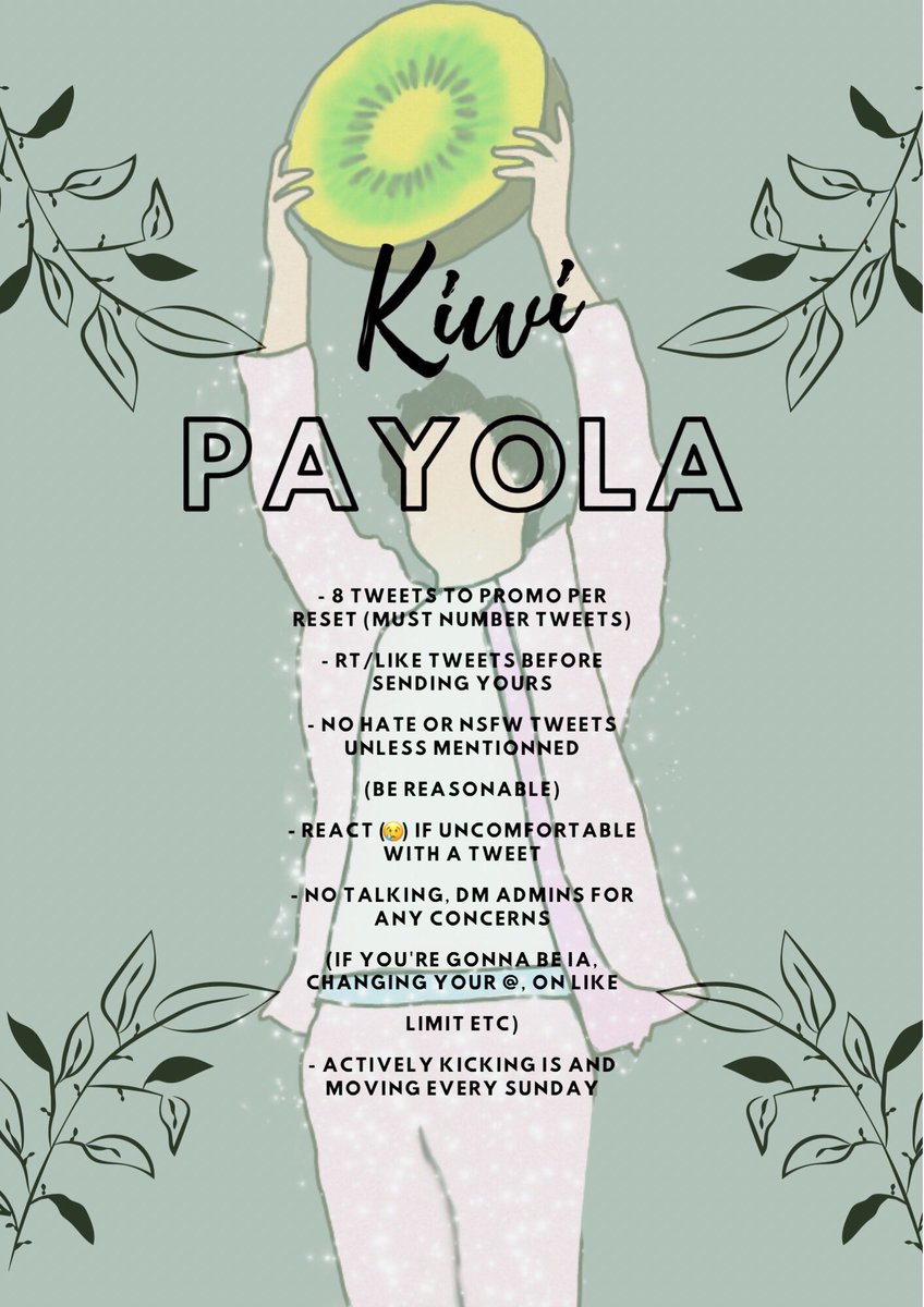 KIWI PAYOLA HYPE GC IS RECRUITING ACTIVE MEMBERS 🥝 

RULES — (PLEASE READ BEFORE JOINING)

• MBF ALL admins (check our following) and <a href="/Kpayolalikes/">KIWI LIKES</a> 
• RT and comment your @ to be added
• NO hate/slander/ratio tweets allowed