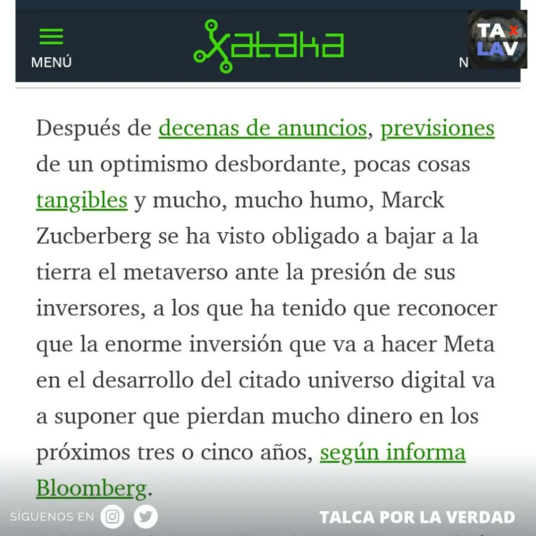 talca_la's tweet photo. Después de decenas de anuncios, previsiones de un optimismo desbordante, pocas cosas tangibles y mucho, mucho humo, Marck Zucberberg se ha visto obligado a bajar a la tierra el met@verso ante la presión de sus inversores, a los que ha tenido que reconocer que la enorme inversion https://t.co/VClwcvFCGr