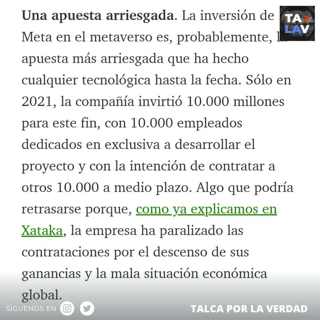 talca_la's tweet photo. Después de decenas de anuncios, previsiones de un optimismo desbordante, pocas cosas tangibles y mucho, mucho humo, Marck Zucberberg se ha visto obligado a bajar a la tierra el met@verso ante la presión de sus inversores, a los que ha tenido que reconocer que la enorme inversion https://t.co/VClwcvFCGr