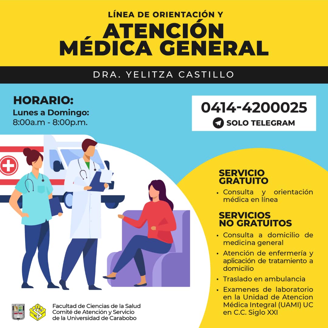 FCS_UC's tweet photo. ¡Atención! ¿Ya consultastes a la Línea de Orientación y Atención Médica General gratuita? Haz tu consulta escribiendo al 0414-4200025 en Telegram, sigue las instrucciones y pronto serás atendido. Para mayor información escribe a loamg.fcs@uc.edu.ve | https://t.co/rGBHvATxg1 https://t.co/wYUxbgJAZs