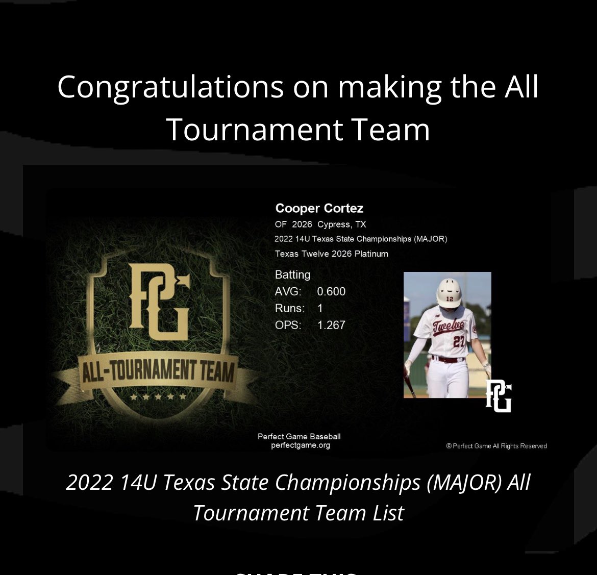 C_Cortez2's tweet photo. Being recognized never gets old! Thanks @Texas_PG for “All Tournament Pitcher” &amp; “All Tournament Hitter” awards. Only 2 weekends left of 14U @TwelveBaseball.  1 PG event and then the @FiveToolTexas Max Muncy WS w/ @DylanGaffney21. Let’s get it! https://t.co/c5vYqdOj7w