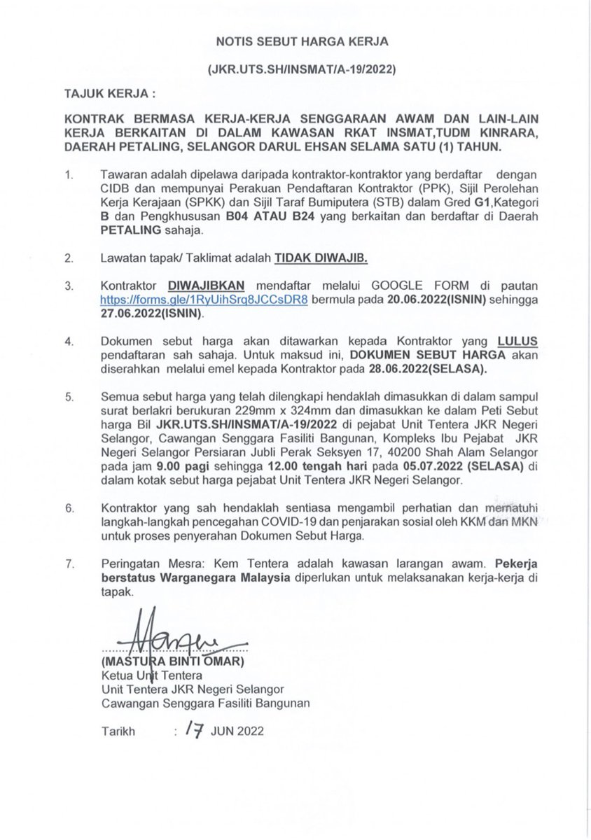 Iklan Sebut Harga Senggaraan Awam RKAT  di INSMAT, TUDM Kinrara Puchong, Selangor.
JKR.UTS. SH/INSMAT/A-19/2022
<a href="/syikun/">Muhd Asyikun</a> 
<a href="/masturaomar10/">masturaomar</a> 
<a href="/jkrtudmsubang18/">JKR TUDM SUBANG</a> 
<a href="/JKRSelangor/">JKR Selangor</a> 
<a href="/csfbjkr/">CSFB JKR</a>