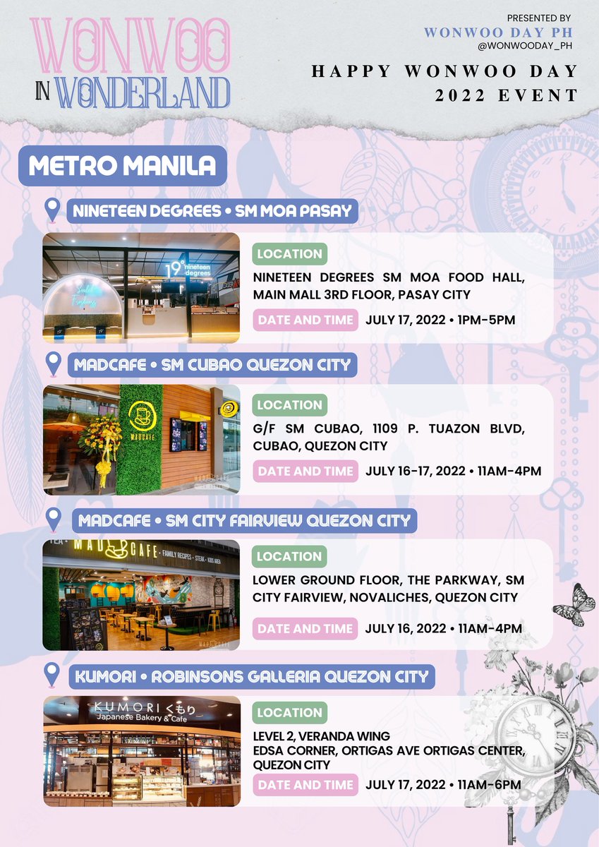 𝐖𝐨𝐧𝐰𝐨𝐨 𝐢𝐧 𝐖𝐨𝐧𝐝𝐞𝐫𝐥𝐚𝐧𝐝 𝐂𝐚𝐟𝐞 𝐄𝐯𝐞𝐧𝐭
Happy Wonwoo Day 2022

Metro Manila
• 19 Degrees SM Moa
• Mad Cafe SM Cubao 
• Mad Cafe SM City Fairview
• Kumori Rob Galleria

Forms/Details will be up this week! 

#WonwooInWonderland
#WONWOO #원우  <a href="/pledis_17/">세븐틴(SEVENTEEN)</a>