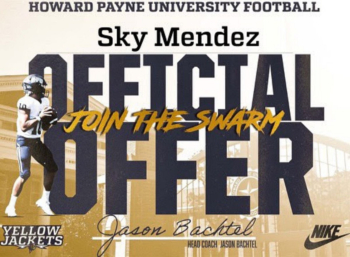 Sky_111_Mendez's tweet photo. #AGTG After an amazing camp, I am blessed and thankful to have earned an offer from Howard Payne University!!! Looking forward to what the future holds 🏈
@CoachBachtel @HPUFootball 
#StingEm #YellowJackets @Coach_Kraus @Coachdub_7 #SkysTheLimit https://t.co/usCNp1OE1W