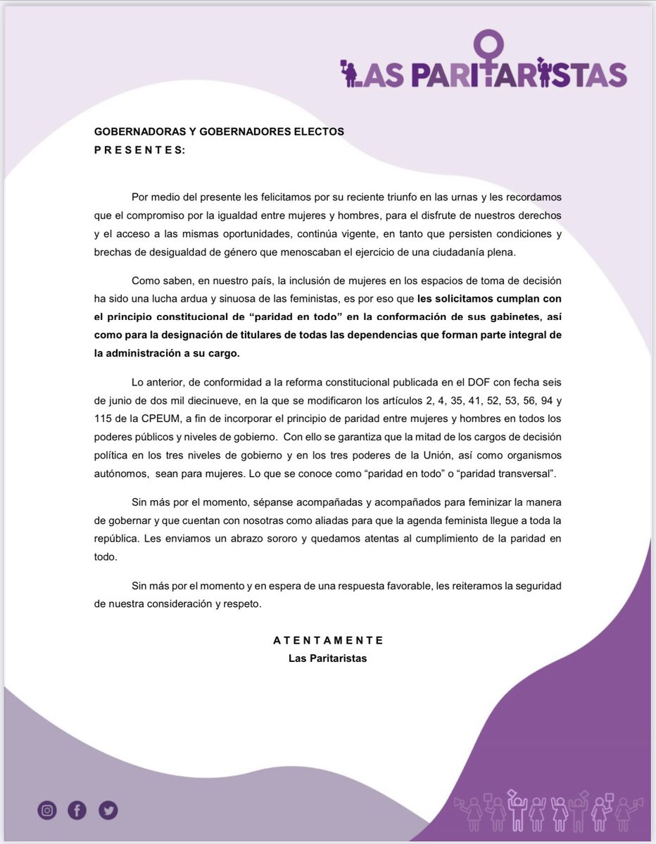 Gobernadoras y gobernadores electos <a href="/TereJimenezE/">Tere Jiménez</a>  <a href="/EVillegasV/">Esteban Villegas V.</a>  <a href="/MaraLezama/">Mara Lezama</a> <a href="/Dr_AVillarreal/">Américo Villarreal</a> <a href="/salomonj/">Salomón Jara Cruz</a> <a href="/juliomenchaca_/">Julio Menchaca</a>  acá les dejamos un mensaje👇🏽

#ParidadEnTodo💜
