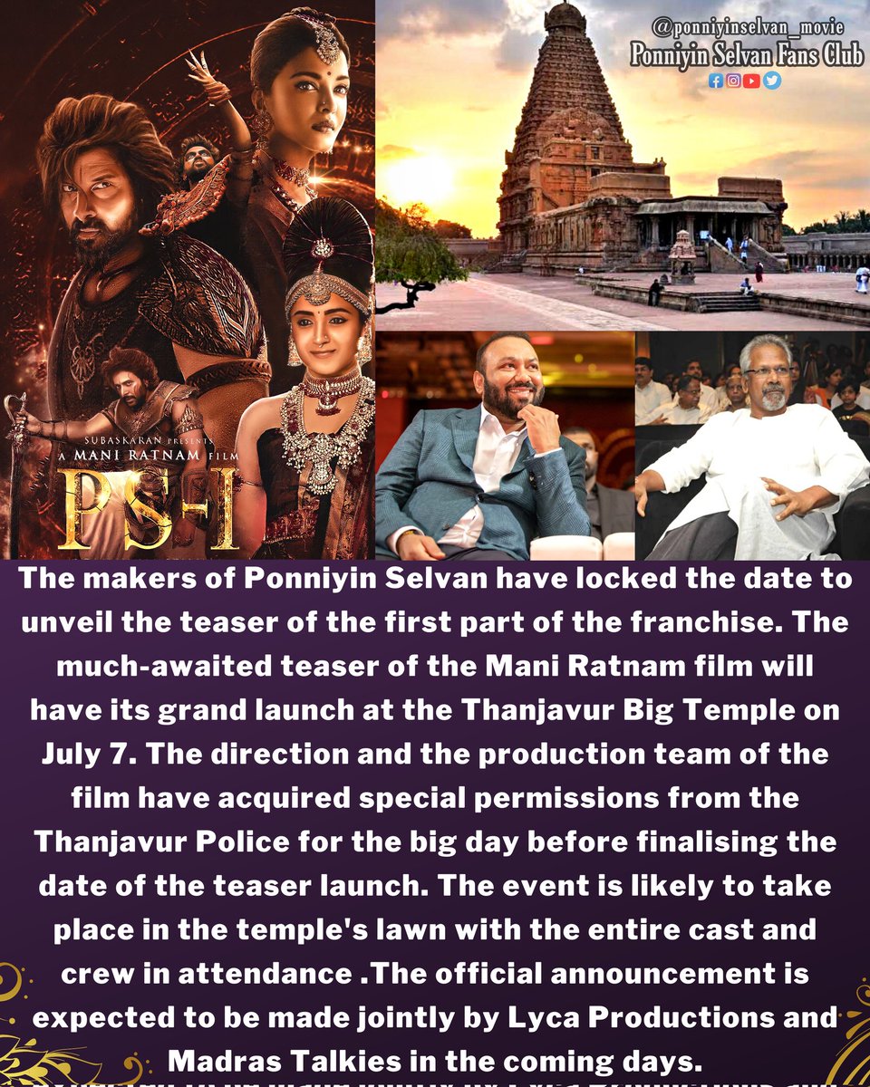 son_of_cauvery's tweet photo. The wait is over. Officially yes 💯 The teaser of Magnificent century project #PonniyinSelvan is gonna arriving on  "7th JULY 2022 " 🔥

Announcement poster out soon. Stay alert :) 😎✨

#ManiRatnam #ARRahman #PonniyinSelvan #PS1 #PS1Teaser 
#PS1TeaserLaunch https://t.co/Gh1CI7bI7W