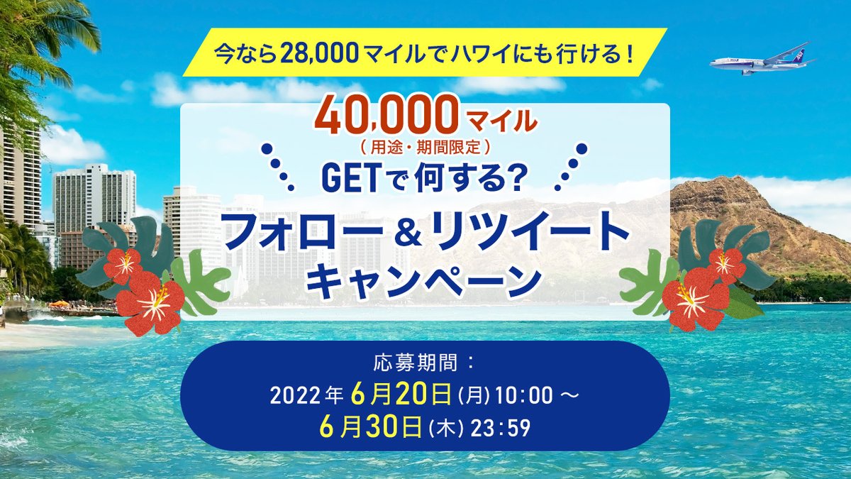 🎁フォロー＆RTキャンペーン🎁 抽選で38名様に40,000マイルをプレゼント✈️🐢 #ハワイ 🌈🌺へのご旅行におトクな #キャンペーン 実施中！ 応募方法👇 ①フォロー ②この投稿をRT（7/31までRTしたまま） ③ANAマイレージクラブに入会 ④詳細を確認👀‼️ ⇒ana.ms/3twFJqk #つぎつぎとANA