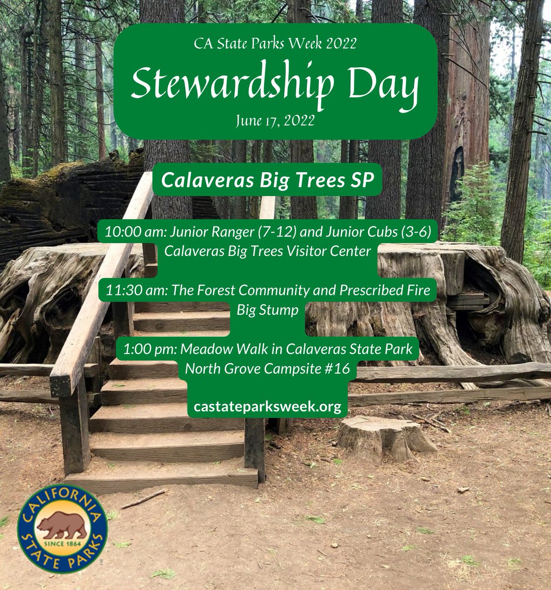 Tomorrow is #StewardshipDay as part of #CAStateParksWeek & there's some great events happening at Calaveras Big Trees SP! Discover the various land & habitat management activities that safeguard the wide diversity of plants & animals in the parks, & learn how to get involved!
