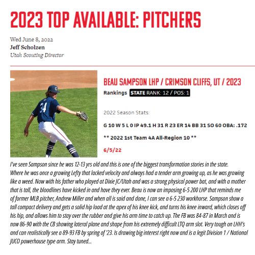 Ranked 12 in state overall. Ranked #1 left-handed pitcher for class of 2023 Thanks for the rankings! @PBR_Utah @CrimsonCliffs @PBR_Uncommitted @FlatgroundApp