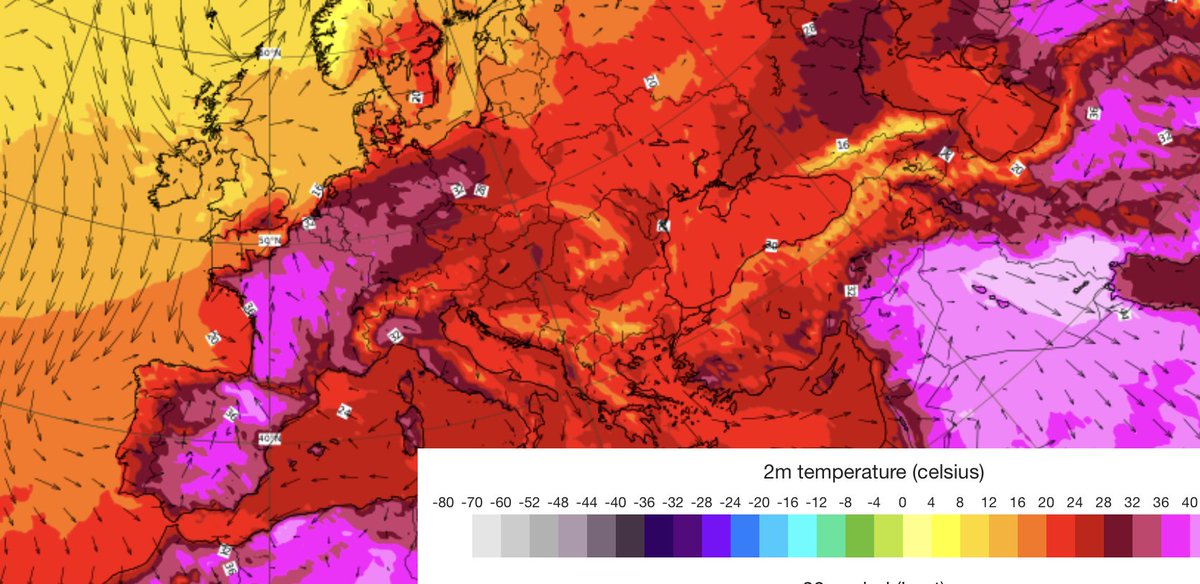 Temperature forecasts from <a href="/ECMWF/">ECMWF</a> for Saturday 3pm. Heat extremes in Spain, France &amp; part of Germany &amp; Switzerland. Important to remember:
1) Every additional emitted ton of CO2 is making these events worse &amp; more frequent
2) People are dying of heat because of burnt fossil fuels