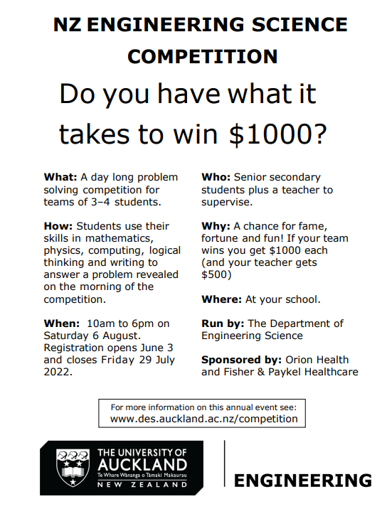 royalsocietynz's tweet photo. @UoAEngineering are holding their annual problem-solving competition for teams of secondary school students throughout New Zealand on 6 Hereturikōkā August 2022! Registration closes 29 Hōngongoi July https://t.co/PjsX9RK31w
@NZScienceTeachr https://t.co/Dekxmbtsam