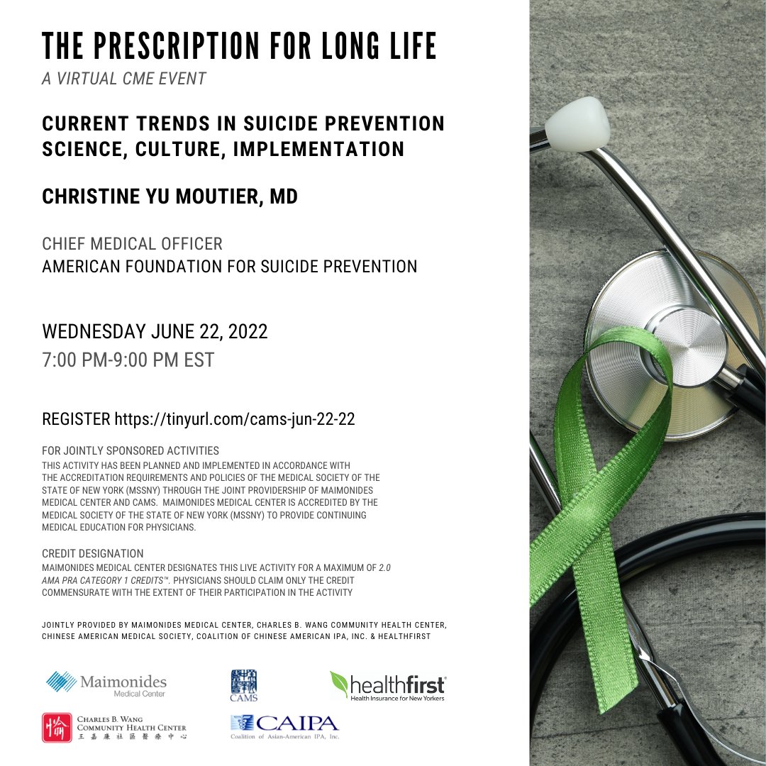 camsocietyorg's tweet photo. Join us on 6/22/22 at 7:00 PM with @cmoutierMD
CMO for the the @afspnational.
Current Trends in Suicide Preventation: Science, Culture, Implementation
Register here: https://t.co/xm0nTQTuRr
#physicianwellness #providerwellness #suicideprevention #afspnational https://t.co/9BkiTQBy91