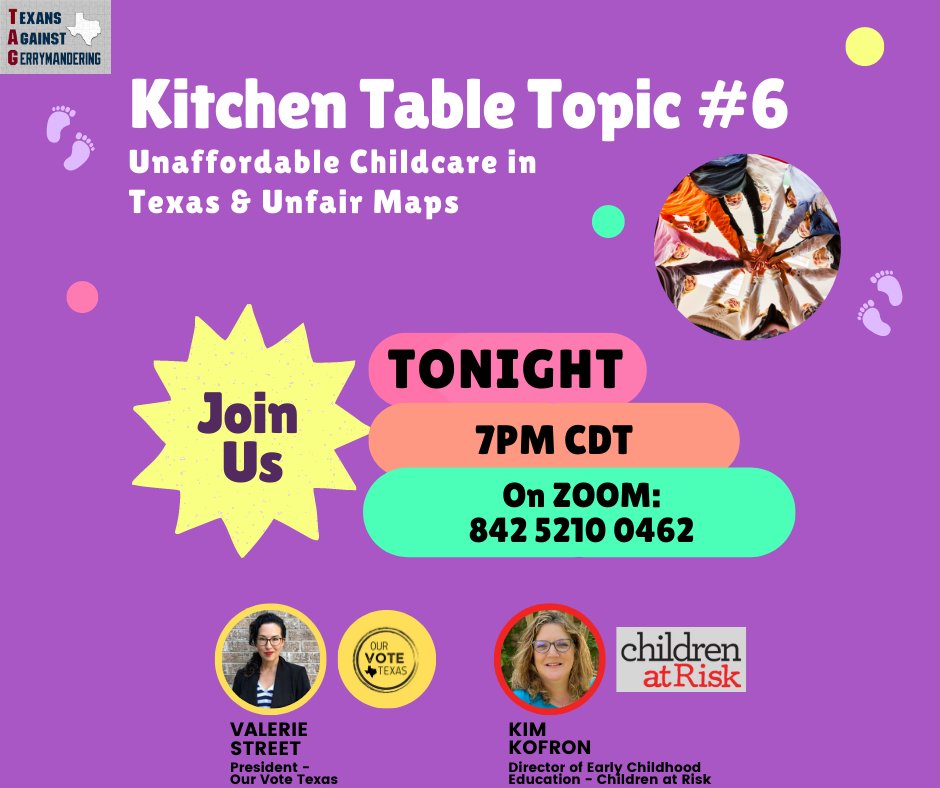 📣 Join us ✨Tonight at 7PM CDT✨ to hear how unaffordable childcare connects to unfair maps &amp; unresponsive representatives in Texas 
#txlege
Zoom: 842 5210 0462