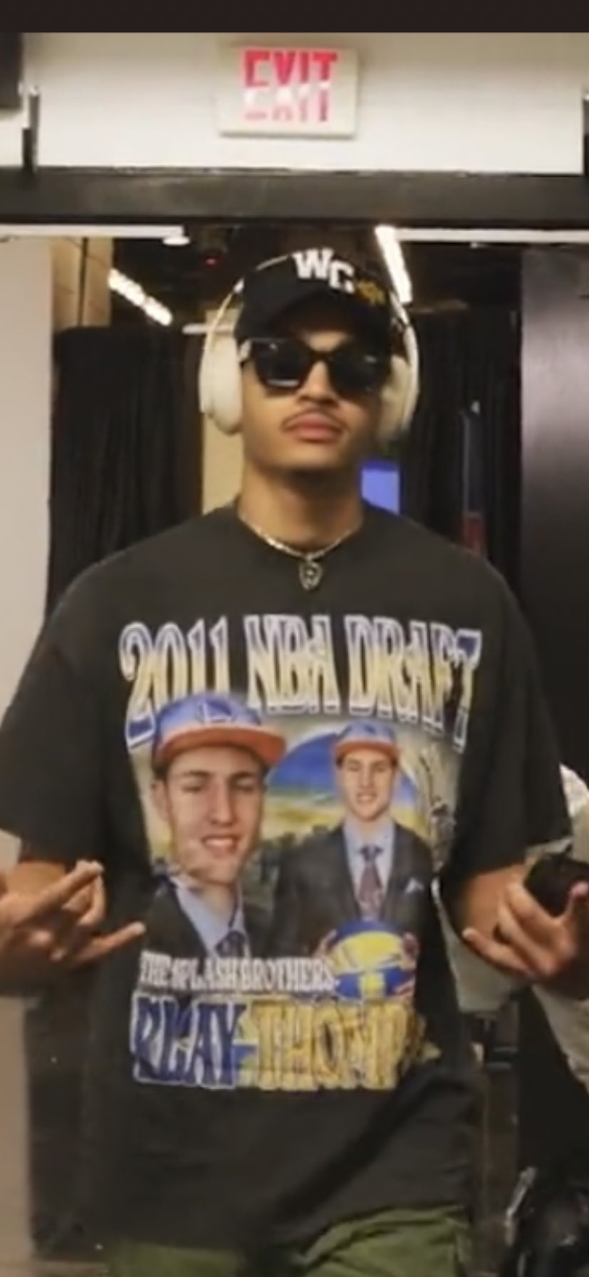 Jordan Poole rocking 2011 Klay draft shirt before Game 6 of NBA