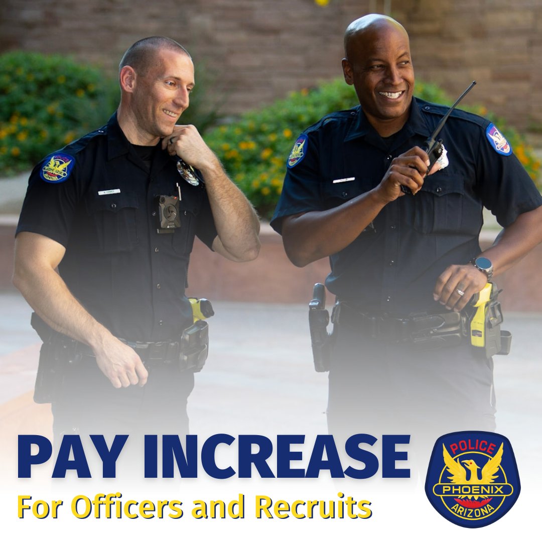 PhoenixPolice's tweet photo. Starting now, new recruits will make $68,661 and officers will top out at $105,539. This makes #PHXPD the highest paid agency in Arizona. We want to thank the @CityofPhoenixAZ council members who voted to increase officer and recruit compensation after a market comparison study. https://t.co/baId32qMVr